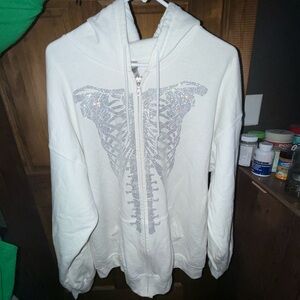 Simplicity White Zip-Up Sweater with Silver Design